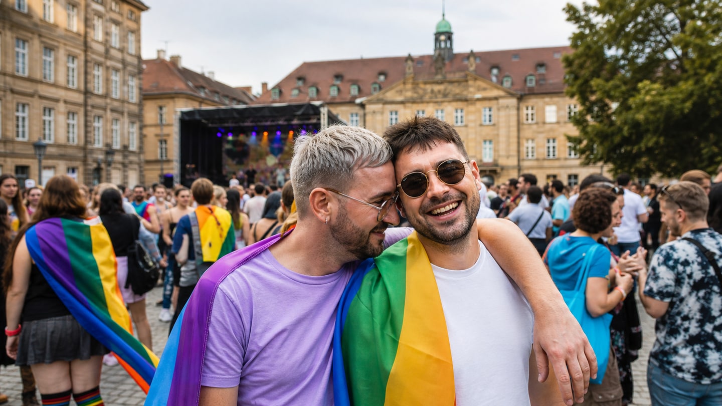KI-generierte redaktionelle Szene zu CSD Erlangen 2026; keine Aufnahme der Veranstaltung
