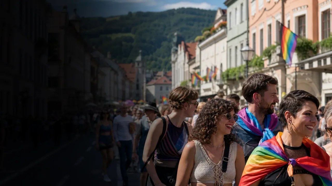 KI-generierte redaktionelle Pride-Szene in einer bayerischen Altstadt; nicht dokumentarisch