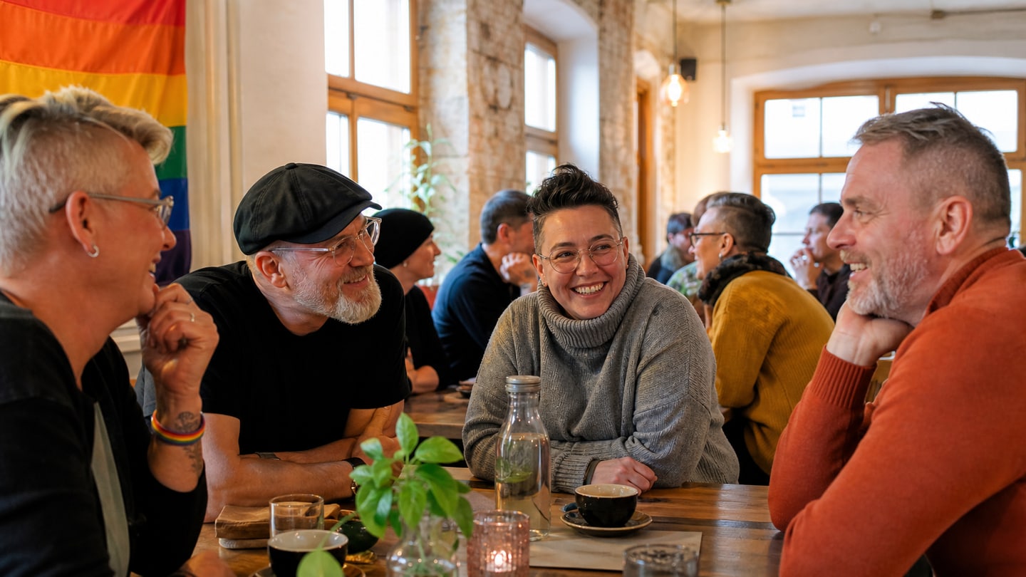 KI-generierte redaktionelle Szene zu Regenbogen-Café im Altstadthaus Kempten; keine Aufnahme der Veranstaltung
