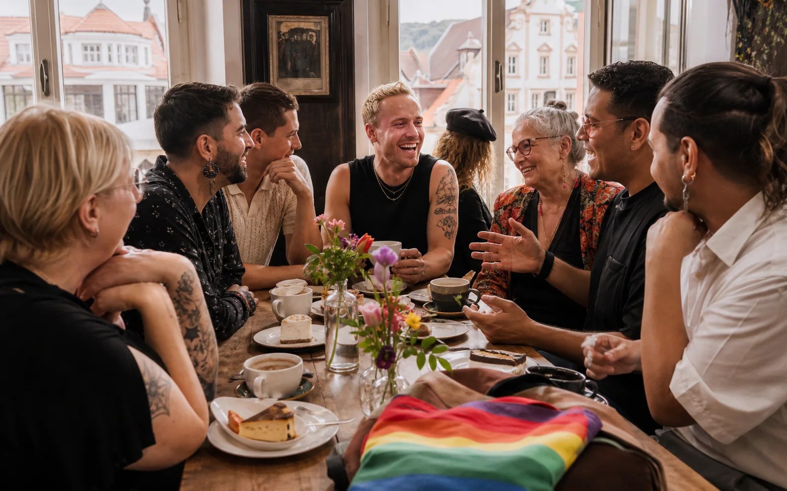 KI-generierte redaktionelle Szene zu Regenbogencafé Kaufbeuren; keine Aufnahme der Veranstaltung