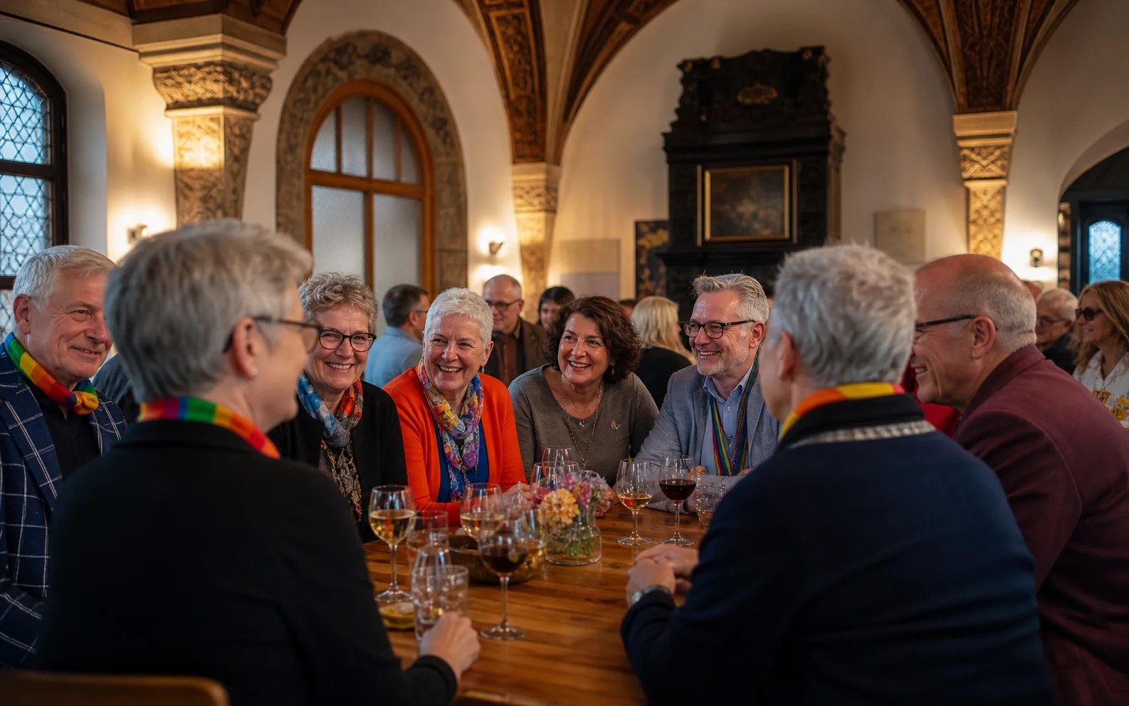 KI-generierte redaktionelle Szene zu Stammtisch Ü50 Augsburg im Zeughaus; keine Aufnahme der Veranstaltung
